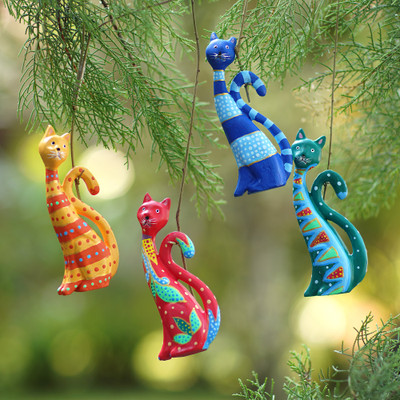 Set of 4 Painted Whimsical Albesia Wood Cat Ornaments, 'Purr-fect Cats'