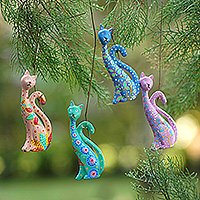 Wood ornaments, 'Fantasy Felines in Spring' (set of 4) - Set of 4 Hand-Painted Floral Albesia Wood Cat Ornaments