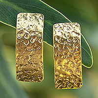 Gold-plated drop earrings, 'Sublime Textures' - Modern 18k Gold-Plated Drop Earrings with Hammered Finish