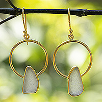 Gold-plated sea glass dangle earrings, Ocean Mirror