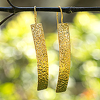 Gold-plated drop earrings, 'Glorious Textures' - Modern Hammered 18k Gold-Plated Brass Bar Drop Earrings