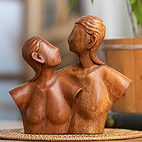 Wood sculpture, 'Beside You' - Classic Hand-Carved Suar Wood Sculpture of Couple