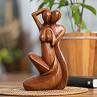 Wood sculpture, 'Our Love Story' - Semi-Abstract Hand-Carved Romantic Suar Wood Sculpture