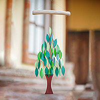 Glass wind chime, 'Sylvan Winds' - Handcrafted Nature-Themed Tree Glass Wind Chime