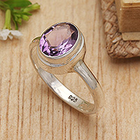 Amethyst single stone ring, 'Enchanted Veil' - Polished Faceted Oval 1-Carat Amethyst Single Stone Ring