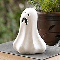 Wood sculpture, 'Spooky Emotions' - Halloween-Themed Hand-Painted Albesia Wood Ghost Sculpture