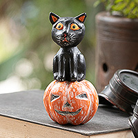 Wood sculpture, 'Cat on the Halloween Night' - Halloween-Themed Jempinis Wood Cat and Pumpkin Sculpture