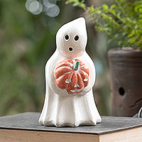 Wood sculpture, 'Pumpkin Gift' - Halloween-Themed Albesia Wood Ghost and Pumpkin Sculpture