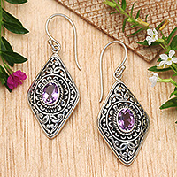 Amethyst dangle earrings, 'Amethyst Heaven' - Diamond-Shaped Leafy 2-Carats Amethyst Dangle Earrings