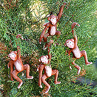 Wood ornaments, 'Monkey Business' (set of 4)