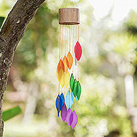 Bamboo and glass wind chime, 'Summer Blast' - Handcrafted Bamboo and Glass Wind Chime in Rainbow Hues