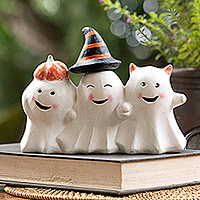 Wood sculpture, 'Cheeky Halloween Trio' - Halloween-Themed Distressed Wood Sculpture of Three Ghosts