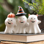 Wood sculpture, 'Cheeky Halloween Trio' - Halloween-Themed Distressed Wood Sculpture of Three Ghosts