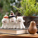 Wood sculpture, 'Cheeky Halloween Trio' - Halloween-Themed Distressed Wood Sculpture of Three Ghosts