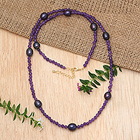 Gold-accented amethyst and cultured pearl beaded necklace, 'Purple Sweets' - 18k Gold-Accented Amethyst and Purple Pearl Beaded Necklace