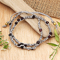 Garnet beaded macrame wrap bracelet, 'Pure Flair' - Garnet Macrame Wrap Bracelet with Gold-Plated Brass Beads