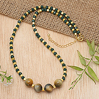 Gold-plated agate and tiger's eye beaded necklace, 'Queen's Green' - 18k Gold-Plated Green Agate and Tiger's Eye Beaded Necklace