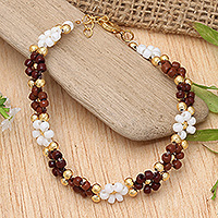 Gold-plated crystal beaded bracelet, 'Bohemian Prime' - Floral Gold-Plated White and Brown Crystal Beaded Bracelet