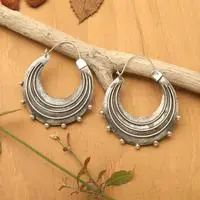 Sterling silver hoop earrings, 'Bohemian Moon' - Folk Art-Themed Sterling Silver Hoop Earrings Made in Bali