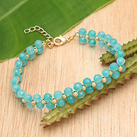 Gold-accented amazonite beaded wristband bracelet, 'Sea Splendor' - Gold-Accented Adjustable Amazonite Beaded Wristband Bracelet