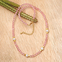 Gold-accented rose quartz and cultured pearl beaded necklace, 'Pink Cocktail' - 18k Gold-Accented Rose Quartz and Pearl Beaded Necklace