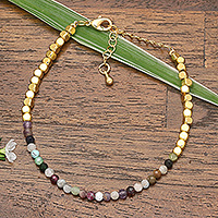 Gold-plated fluorite beaded bracelet, 'Paradise Rainbow' - 18k Gold-Plated Brass and Fluorite Beaded Bracelet from Bali