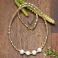 Gold-plated rainbow moonstone and cultured pearl beaded necklace, 'Queen's Mist' - 18k Gold-Plated Rainbow Moonstone and White Pearl Necklace