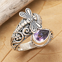 Amethyst cocktail ring, 'Nirvana Dragonfly' - Traditional Dragonfly-Themed Amethyst Cocktail Ring