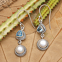 Topaz and cultured pearl dangle earrings, 'Ocean Waters' - One-Carat Topaz and White Pearl Dangle Earrings from Bali