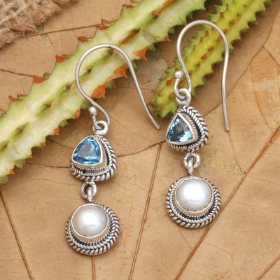 Topaz and cultured pearl dangle earrings, 'Ocean Waters' - One-Carat Topaz and White Pearl Dangle Earrings from Bali
