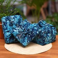 Batik rayon gift wraps, 'Blue Indigo' (set of 3) - 3 Upcycled Blue Leaf-Themed Batik Furoshiki-Style Gift Wraps