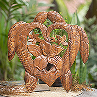 Wood relief panel, 'One Turtle Heart' - Tropical Romantic Heart-Shaped Suar Wood Turtle Relief Panel