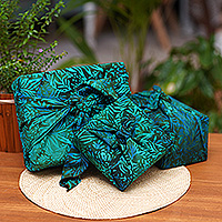 Batik rayon gift wraps, 'Green Leaf', (set of 3) - 3 Upcycled Green and Blue Batik Furoshiki-Style Gift Wraps