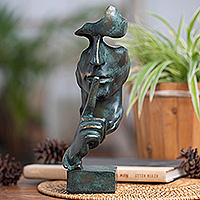 Resin sculpture, 'Silent' - Antiqued Green and Metallic Resin Sculpture Crafted in Java