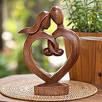 Wood sculpture, 'Through Thick and Thin' - Hand-Carved Semi-Abstract Heart-Shaped Suar Wood Sculpture