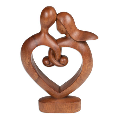 Wood sculpture, 'Through Thick and Thin' - Hand-Carved Semi-Abstract Heart-Shaped Suar Wood Sculpture