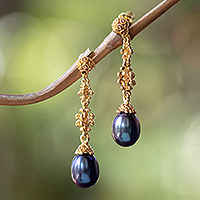 Gold-plated cultured pearl dangle earrings, 'Nocturnal Serenade' - Balinese 18k Gold-Plated Blue Cultured Pearl Dangle Earrings