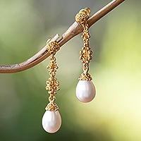 Gold-plated cultured pearl dangle earrings, 'Celestial Serenade' - Classic 18k Gold-Plated White Cultured Pearl Dangle Earrings