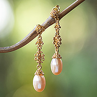 Gold-plated cultured pearl dangle earrings, 'Sunlit Serenade' - 18k Gold-Plated Dangle Earrings with Peach Cultured Pearls