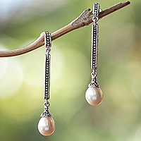 Cultured pearl dangle earrings, 'Royal Dew' - Classic Balinese-Made White Cultured Pearl Dangle Earrings