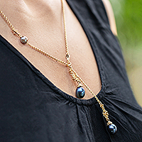 Gold-plated cultured pearl lariat necklace, 'Ocean Night' - Blue and Lavender Pearl Lariat Necklace in 18k Gold Plating