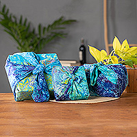 Batik furoshiki-style gift wraps, 'Oceanic Earth' (set of 3) - Set of 3 Blue and Green Batik Furoshiki-Style Gift Wraps