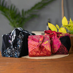 Batik furoshiki-style gift wraps, 'Flames of Celebration' (set of 3) - Batik-Patterned Set of 3 Rayon Furoshiki-Style Gift Wraps