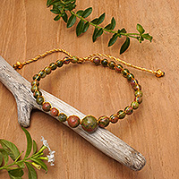 Gold-accented unakite beaded bracelet, 'Natural Spirituality' - Balinese Natural Unakite Beaded Bracelet with Golden Accents