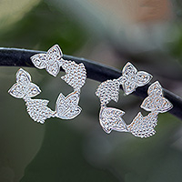 Sterling silver button earrings, 'Heaven Petals' - Polished Floral and Leafy Sterling Silver Button Earrings