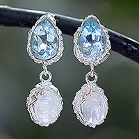 Blue topaz and rainbow moonstone dangle earrings, 'Celestial Dream' - One-Carat Blue Topaz and Rainbow Moonstone Dangle Earrings