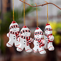 Wood ornaments, 'Little Snowmen' (set of 4) - Set of Four Classic Snowman-Themed Albesia Wood Ornaments