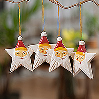 Wood ornaments, 'Santa Constellation' (set of 4) - Painted Set of 4 Star-Shaped Albesia Wood Santa Ornaments