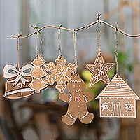 Handmade ornaments, 'Holiday Memories' (set of 6) - Set of 6 Handmade Christmas-Themed Chipboard Ornaments