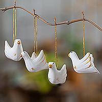 Wood ornaments, 'Paradisial Doves' (set of 4) - Golden and White 4-Piece Set of Dove-Shaped Wood Ornaments